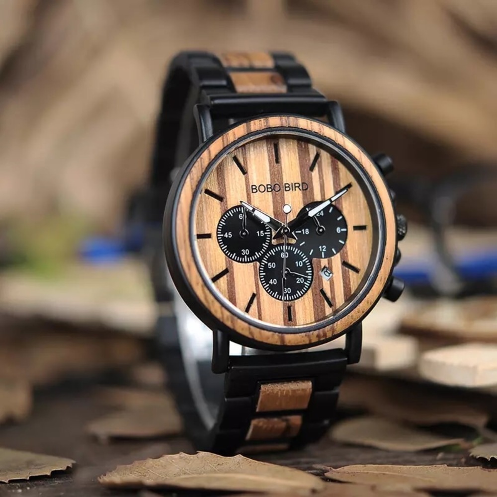 Luxury Zebra and Ebony Wood Chronograph Military Quartz Watch